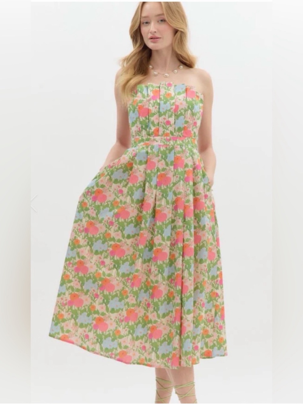 entro Strapless Floral Midi Dress in Pink and Green